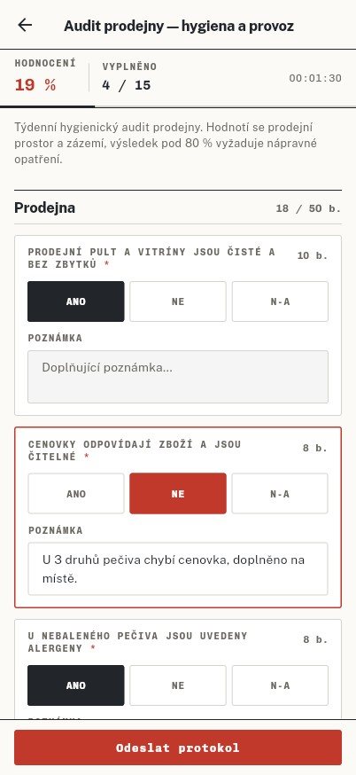 Mobilní aplikace FormIOz — vyplňování hygienického auditu prodejny s hodnocením ANO / NE / N-A a živým skóre